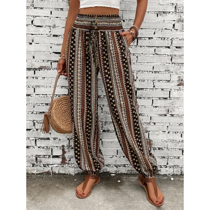 Ethnic Graphic Print Pants, Boho Shirred Waist Long Length Pants, Women's Clothing