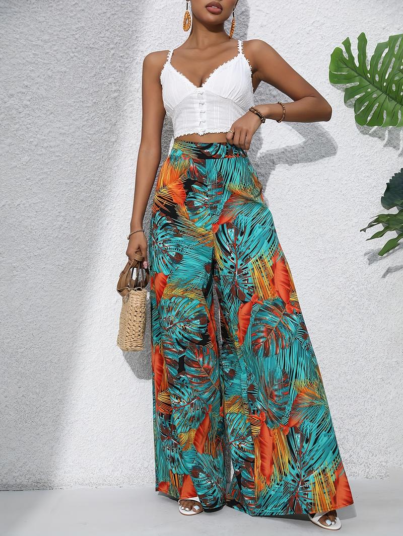 Product Introduction of Women'S Bohemian Floral Print Chiffon Wide-Leg Pants - High Waist, Elastic Waistband, Long Beach Trousers for Summer Vacation, Casual Elegant Style 7