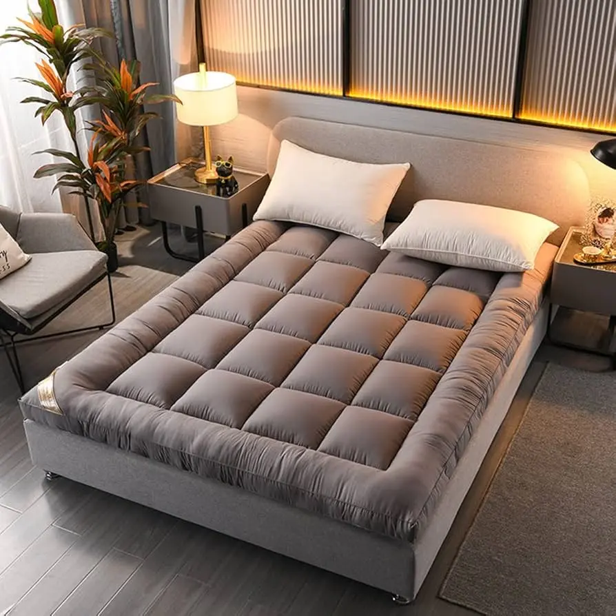 10cm Thick Grey & White Foam Quilted Mattress Topper with strong elastic bands Premium Hollow Fiber Filling Mattress Topper Uk Extra Filled 4 Inch Deep All Size