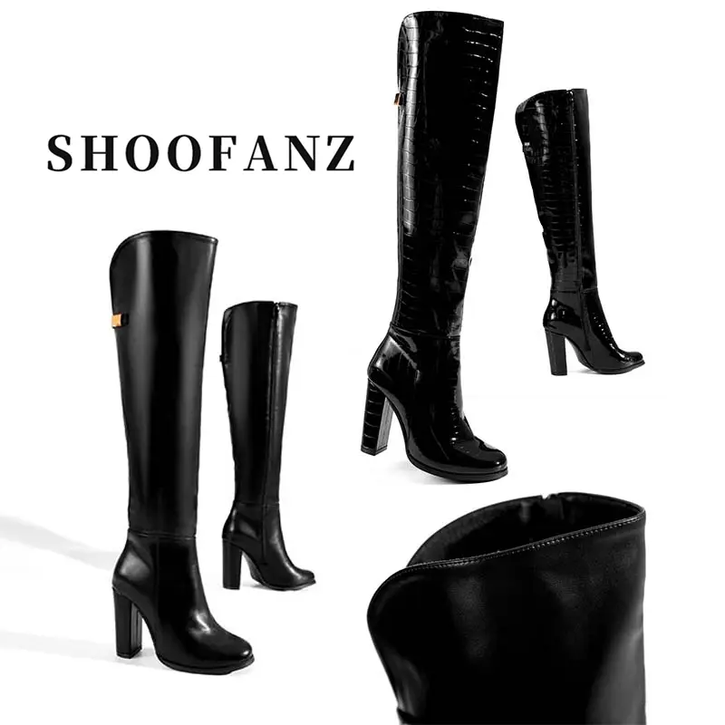 Women Knee-High Crocodile Boots Women Zip Boots Walking Casual Women Boots Windproof Women Pull-on Boots Waterproof Women Wide Boots Non-slip Round Toe with Heel 7-9CM Girl Walking Shoes Women Comfort Leather Footwear Shoe Magic Stretch Boots