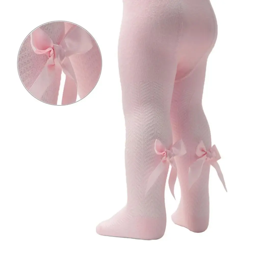 Girls Pink Chevron Bow Tights - Newborn Up To Age 5