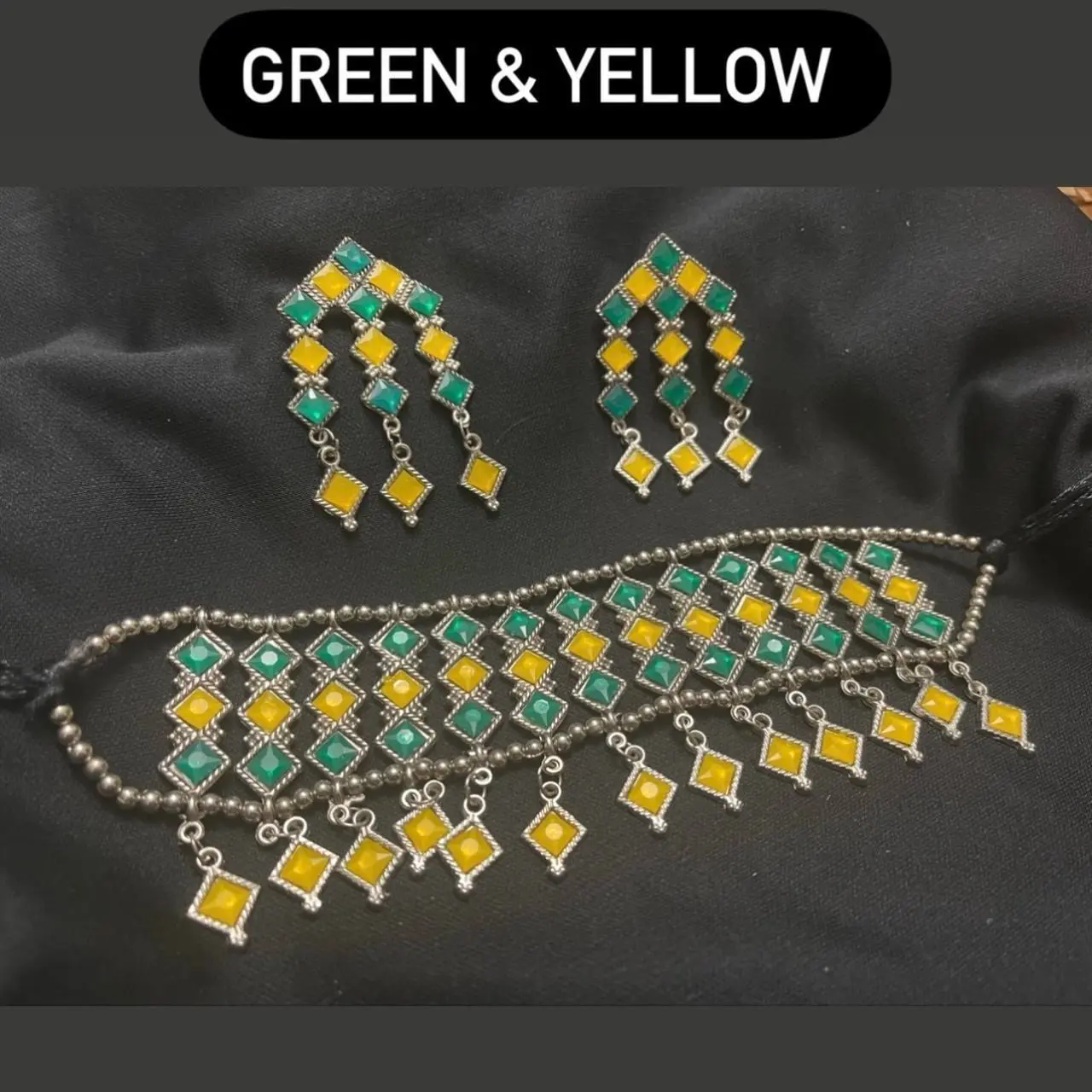 Indian Oxidised Silver mirror Jewellery Set - Necklace & Earrings in Asian Indian Pakistani Aghnani Style