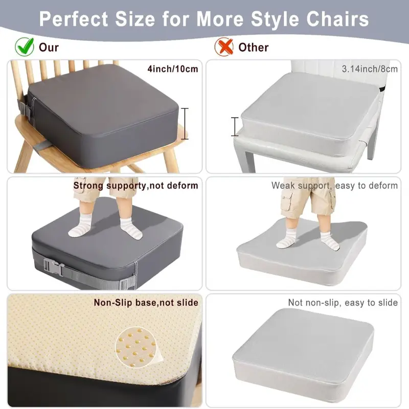 Toddler Booster Seat for Dining Chair, 10cm PU Washable Baby Booster Seat for Dining Table, Table Booster Seat for Toddler with 2 Adjustable Straps, Portable Travel Booster Cushion(Grey) 2