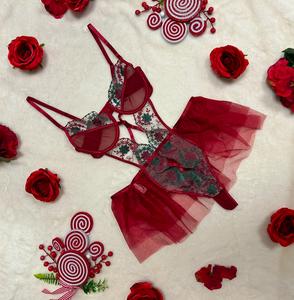 LILIOSA LINGERIE - ROMANCE Burgundy And Green Floral Embroidered Mesh Strappy Bodysuit with Tutu 2 Piece Thong Bodysuit Soft Lady Sheer Mesh, Sexy Cutout Top, Comfortable Womenswear Clothing, Girl Gift, Comfort Contrast Floral Lace, Sexy Underwear Medium