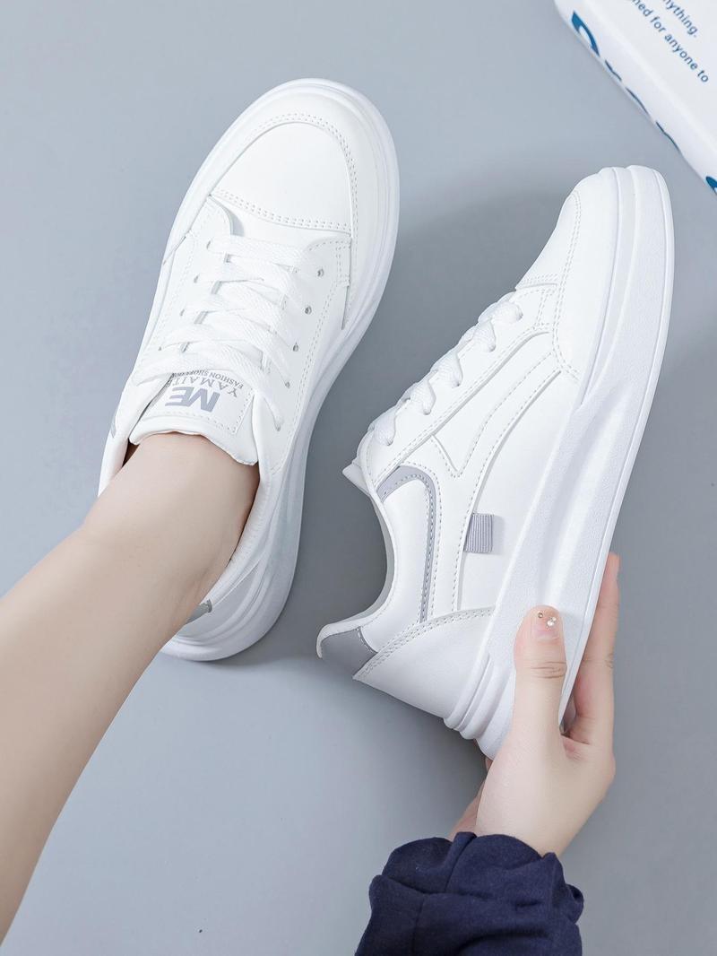 Product Introduction of Women's Fashion Plain Lace Up Front Low Top Skate Shoes, Casual Lightweight Breathable Comfortable Patched Design Sports Shoes, White Sneakers for Daily Wear Running Runner Training Trainer Walking Shoes Closed Athletic Footwear 16
