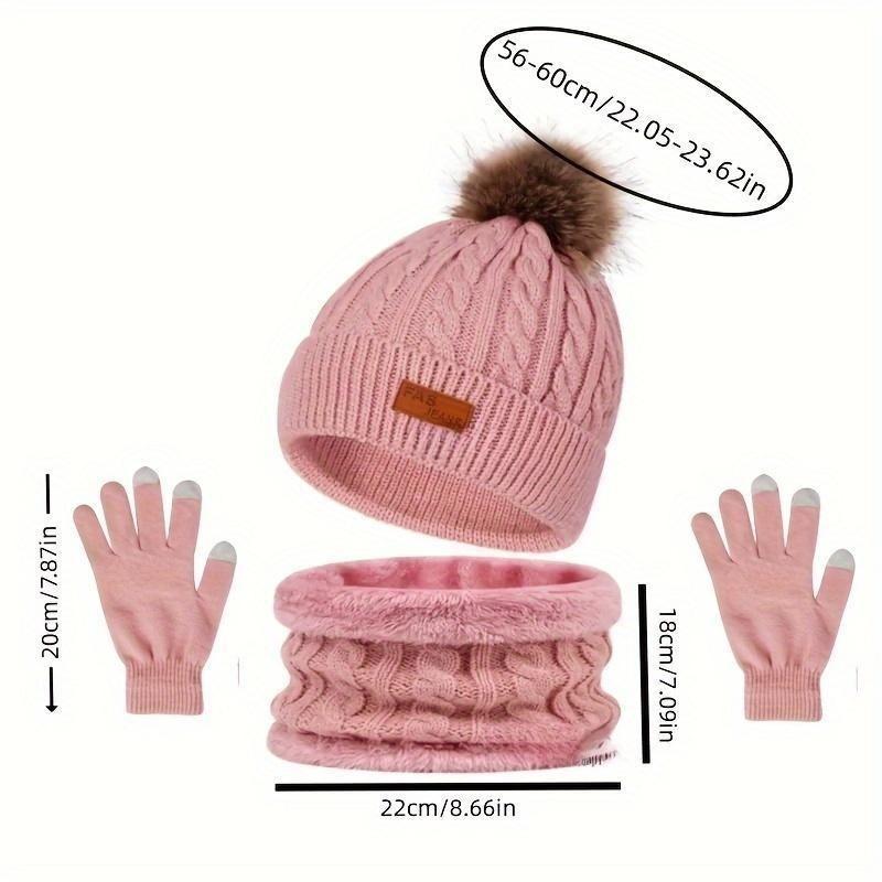 Festive Winter Knit Hat Set with Pom Pom, 3-in-1 Warmth Bundle: Thick Hat, Scarf, and Touchscreen Gloves for Ladies - Perfect for Cold Weather Outings 2