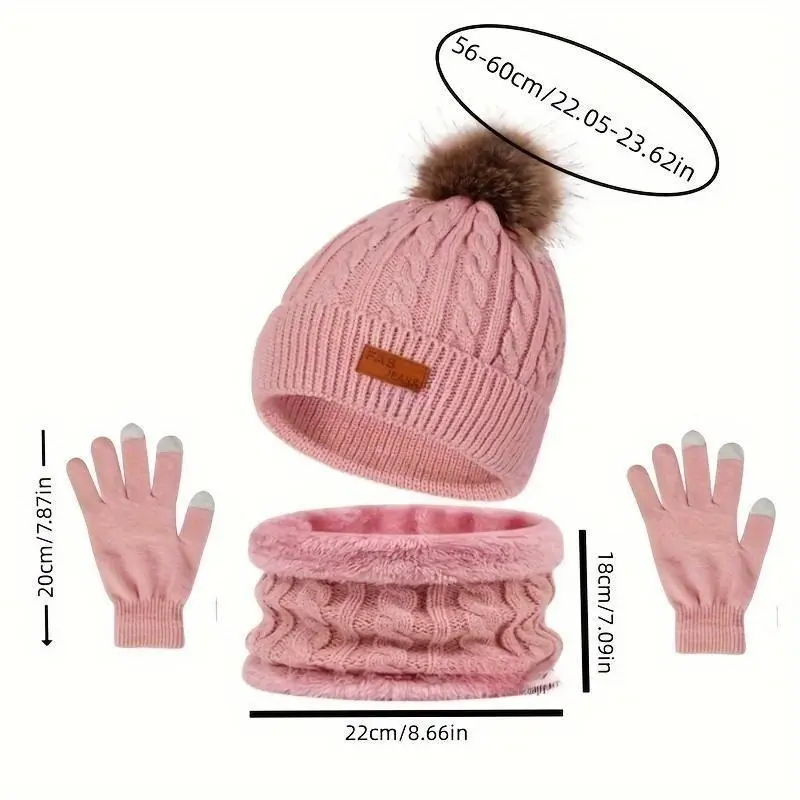 Festive Winter Knit Hat Set with Pom Pom, 3-in-1 Warmth Bundle: Thick Hat, Scarf, and Touchscreen Gloves for Ladies - Perfect for Cold Weather Outings 2