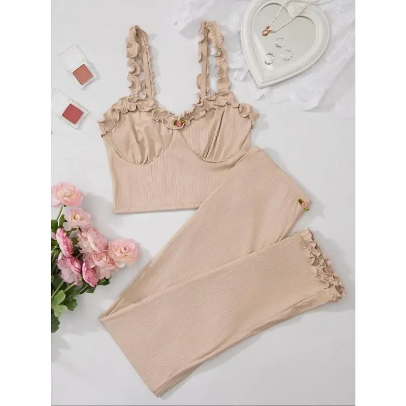 Frill Trim Backless Crop Cami Top & Elastic Waist Pants Pajama Set, Y2k Wear Streetwear Lady Comfort Sleeveless Top & Flower Decor Trousers Pj Set, Summer Wear 2024, Ladies Sleepwear Homewear, Lounge Sets, Pajama Sets 2 Piece Set for Girls, Grace Pyjamas 1