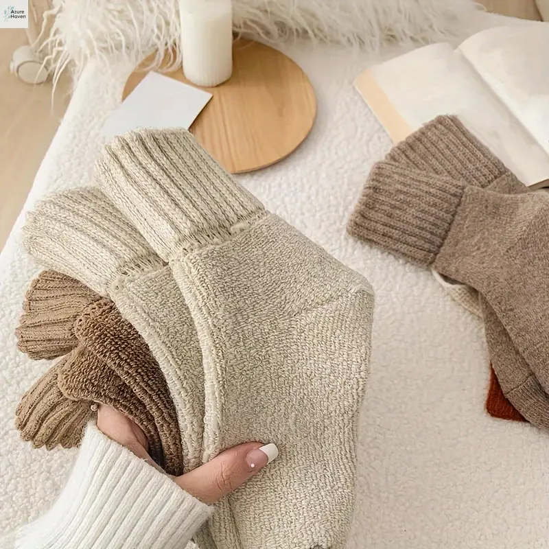 A&H     Women's Soft and Cozy Thick Terry Snow Socks (5 Pairs) - Mid-Calf Length, in Beige and Brown Solid Colors, Polyester Blend, Perfect for Cold Weather, Adorable and Warm 0