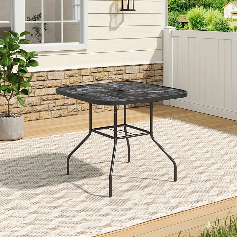 Lifeideas  Marble/Wood Grain Tempered Glass Coffee Table, Folding Outdoor Table with Parasol Hole for Garden/Picnic, Round/Square/Rectangle Shape 1