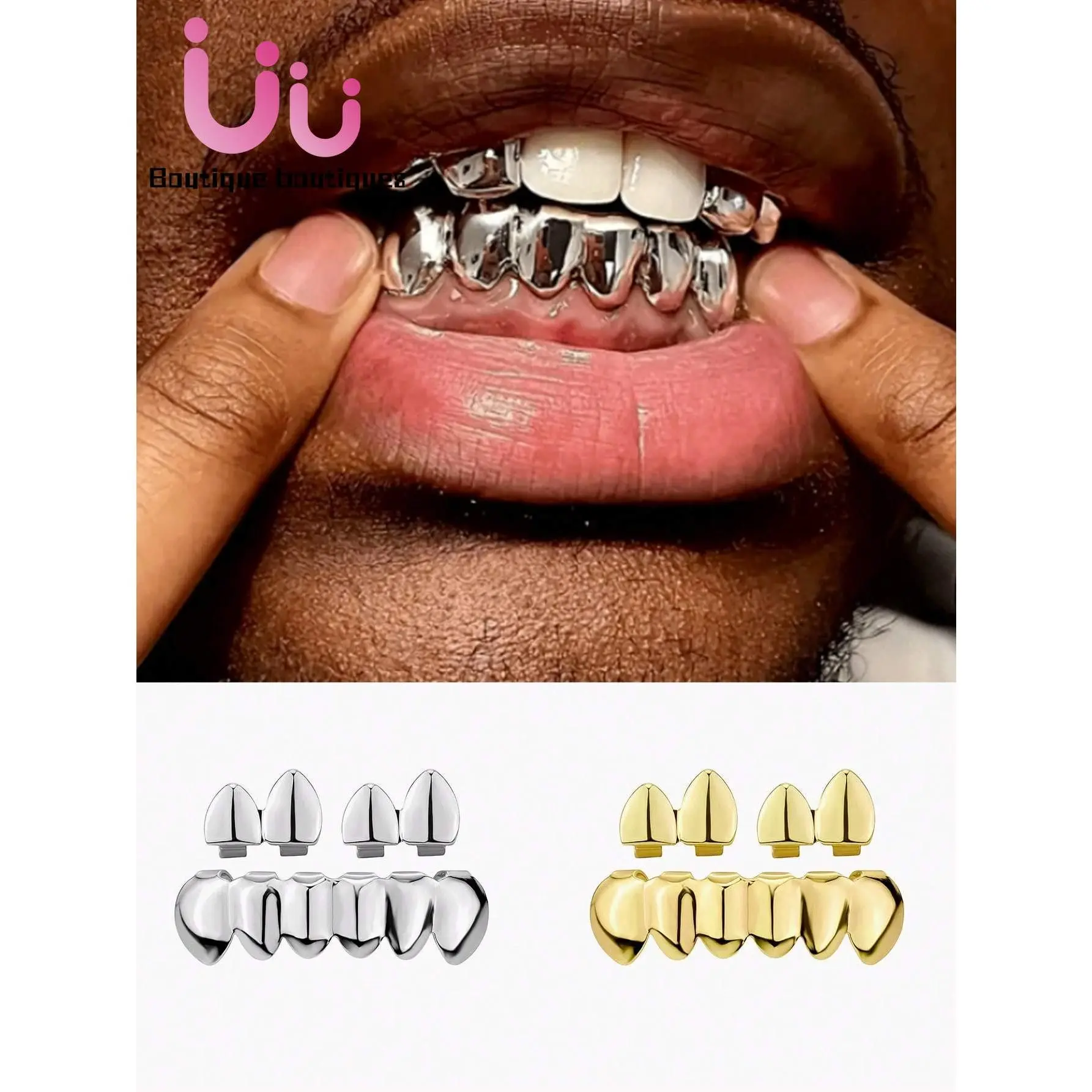 (UU) 1 Set Edgy Fang Teeth Grillz, Hip-Hop Personality Combo Suitable For Halloween Street Photography Rap Style, Golden Teeth Decoration, Christmas Gift, For Teenagers