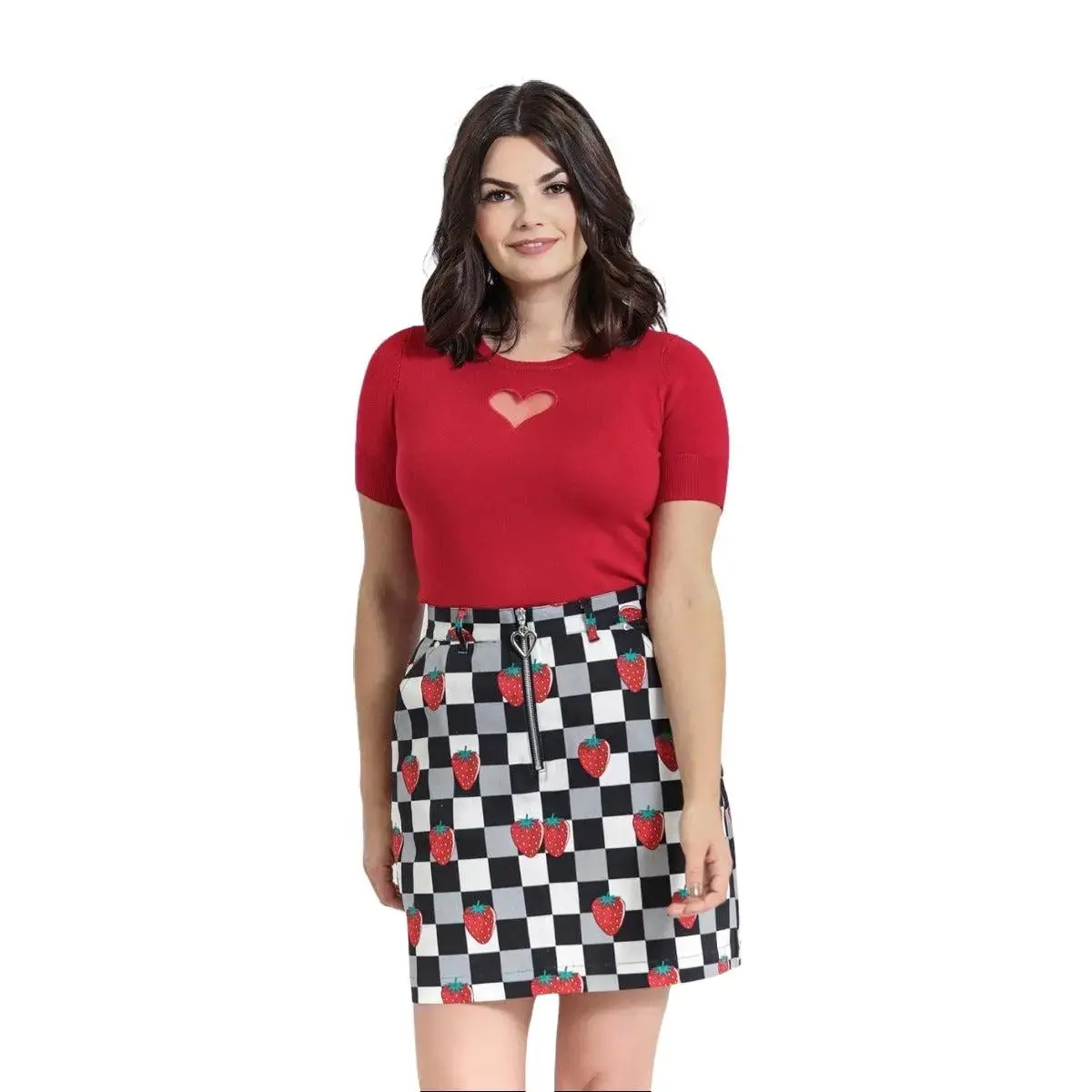 Ginberry Mini Skirt - Hell Bunny Kitsch Strawberry Checkered 60s Retro Cute Cotton Fabric Casual Heart