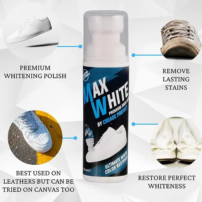 Crease Protect Max White Sneaker Whitener | White Shoe Polish for Leather, Canvas and Trainers | Restores Original White Color | Water-Resistant and Long-Lasting | Easy Sponge Applicator | 75ml 1