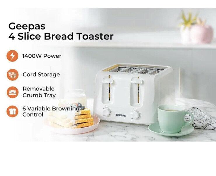 GEEPAS White 4 Slice Toaster Family Size 1400W with Variable Browning Control 7