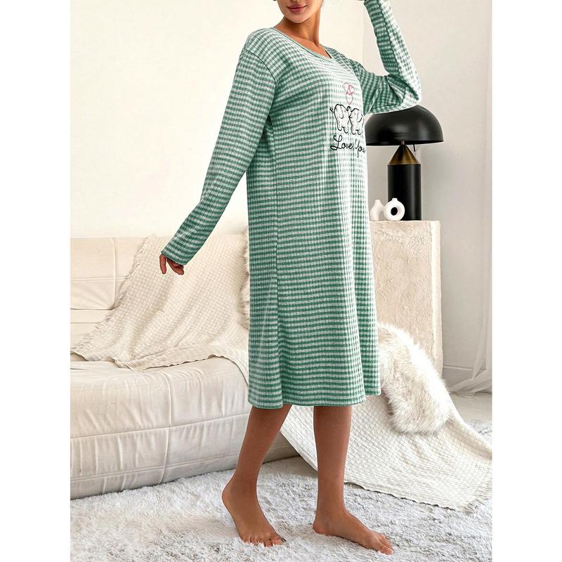Cottnline Elephant & Letter Embroidery Striped Print Drop Shoulder Nightdress Cotton Fabric Fit Long Sleeve Comfort Casual Homewear Shirts Loungewear Womenswear Nightwear 3