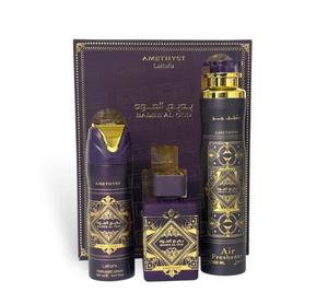 Bade’e Al Oud Amethyst Gift Set by Lattafa (100ml Eau De Parfum, 200ml Deodorant, 300ml Air Freshener)