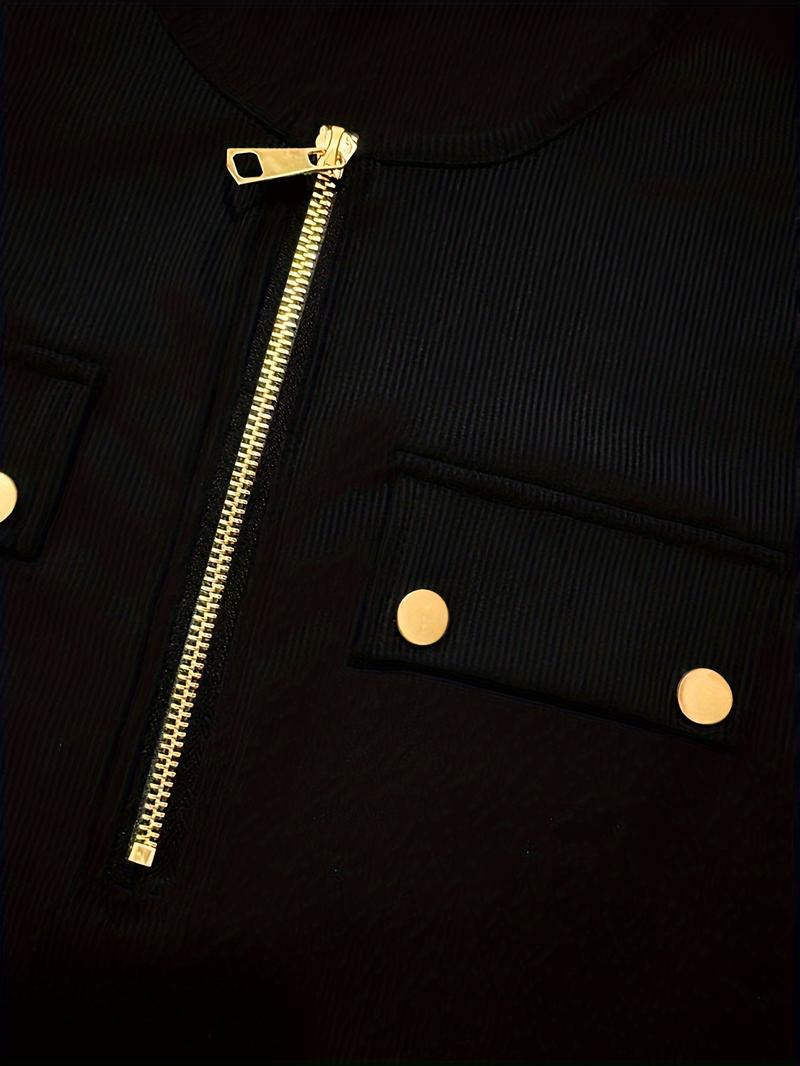 Product Introduction of Solid Ribbed Zipper Front T-Shirt, Casual Long Sleeve T-Shirt For Spring & Fall, Women's Clothing 21