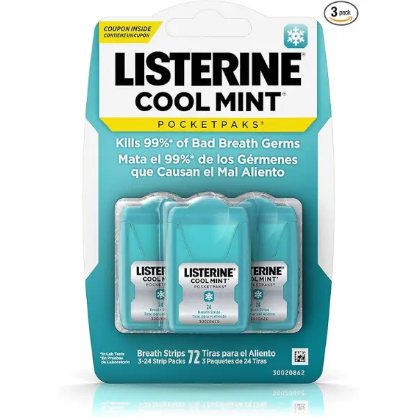 Listerine - Pocketpaks, Oral Care Strips, Cool Mint - 72 Strips 24 count (Pack of 3) Mouthwash