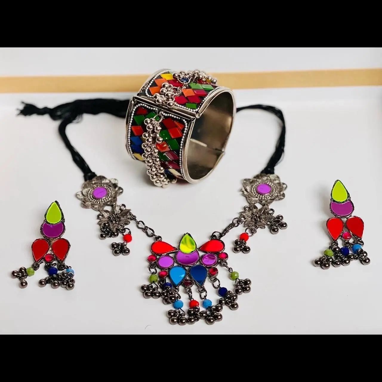 Indian Oxidised Silver Jewellery Set with Necklace, Earrings and Matching Bangle - Karra Asian Indian Pakistani Aghnani Style