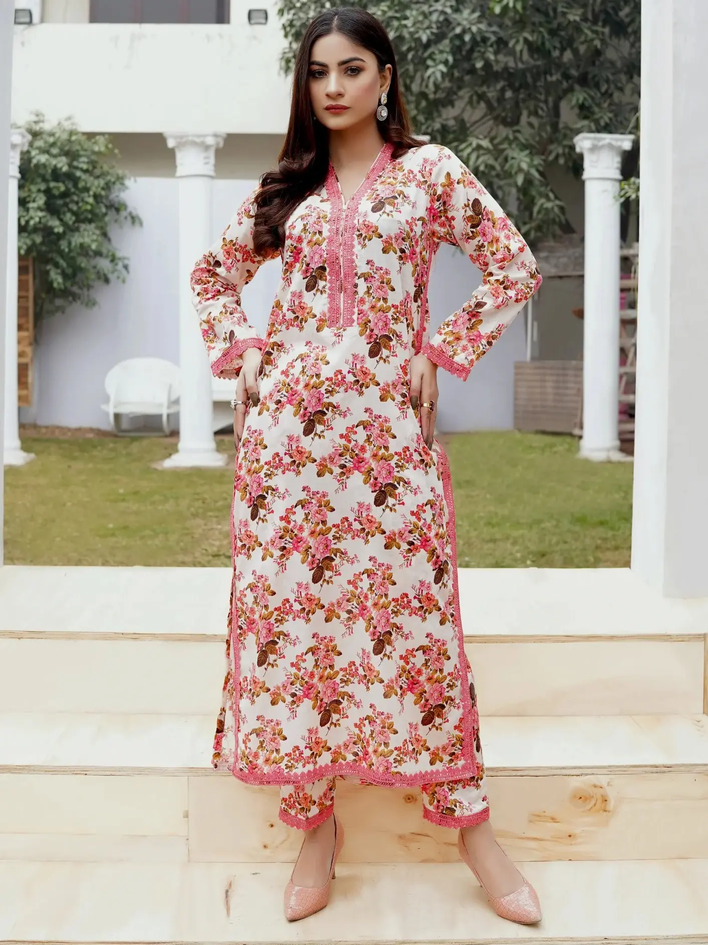 2PC Floral Long Printed Lawn Suit with Lace (Brand: Mian Boutique) Comfort