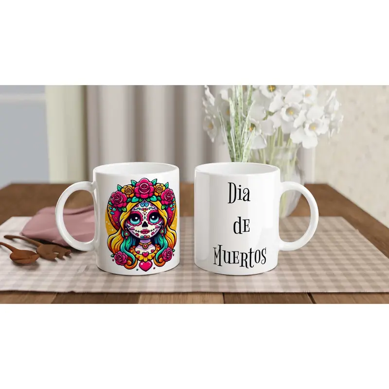 Dia De Muertos  - White 11oz Ceramic Mug Beverage Drinkware Glossy Stylish Glossy Stylish Coffee Tumbler Cup Reuse Washable Reusable Printed 1