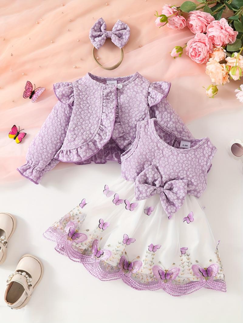 Product Introduction of 3pcs Fashion Casual Girl Butterfly Style Long Sleeve Ruffle Short Top + Sleeveless Mesh Butterfly Dress + Bow Hair Tie 19