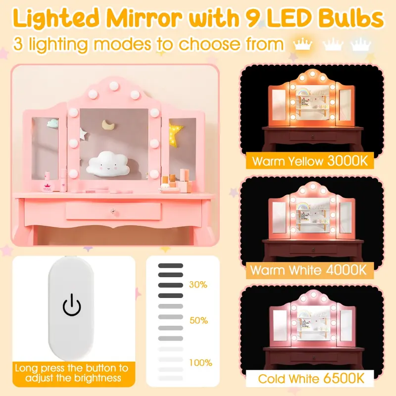 COSTWAY Kids Vanity Table and Stool Set with Real Glass Tri-Folding Mirror and Drawer 6