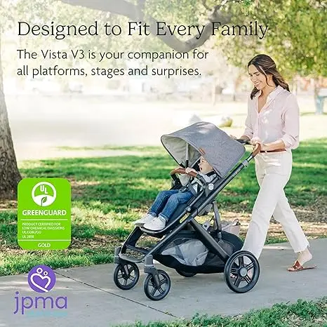 Full-Size Single-to-Double Stroller System - Toddler Seat, Bug Shield, Rain Shield, and Storage Bag Included - Gwen (Green Mélange/Carbon Frame/Saddle Leather) 4