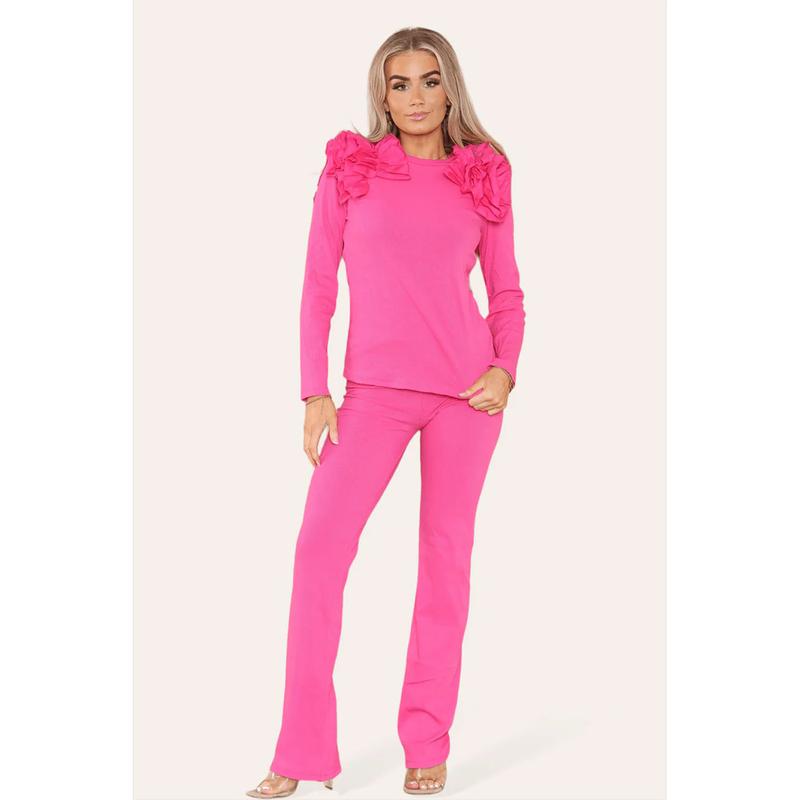 Ruffle Frill Shoulder Ribbed Loungewear Co-Ord Top & Trouser Set Womenswear Bottom Comfortable Cute 2