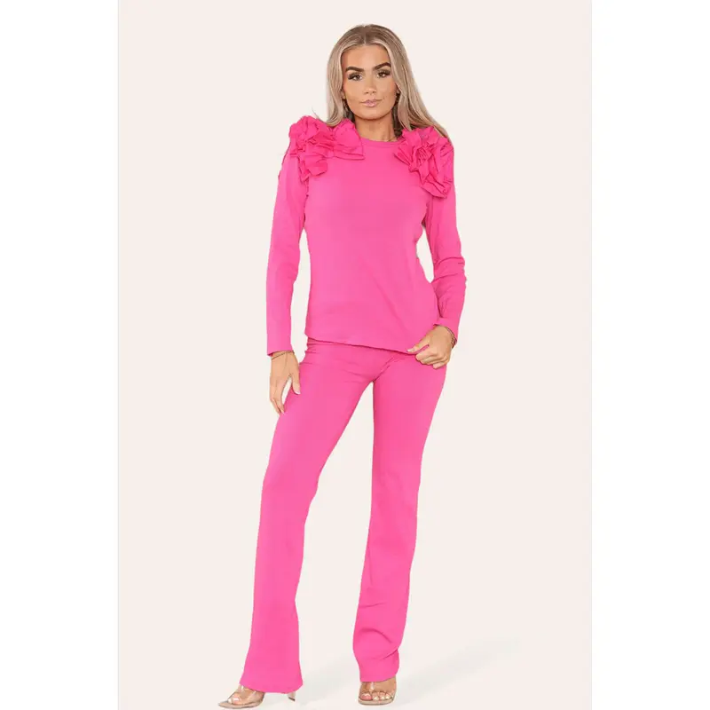 Ruffle Frill Shoulder Ribbed Loungewear Co-Ord Top & Trouser Set Womenswear Bottom Comfortable Cute 2