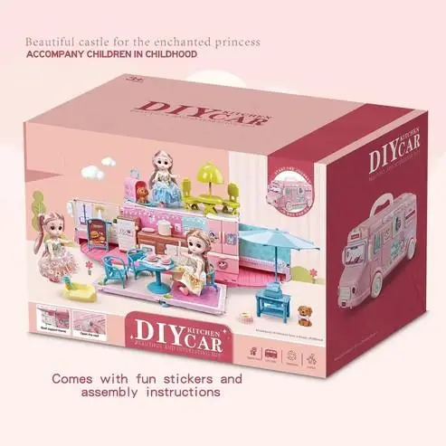 Dollhouse Dream House for Girls, Portable Caravan Motorhome Bus Toy Dollhouse with Doll and Furniture, Playhouse Playroom Dolls Toy for Children from 3 Years, Random Clothing 7