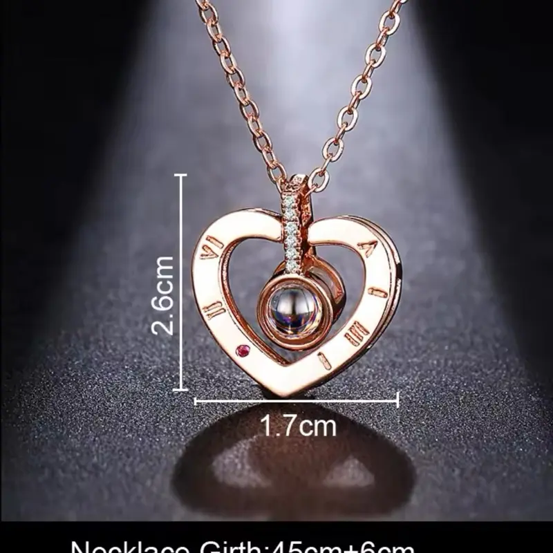 Necklace 100 Languages projection “I Love You”Pendant Necklaces For those you love - ideal for gifting - Rose Gold Heart 8
