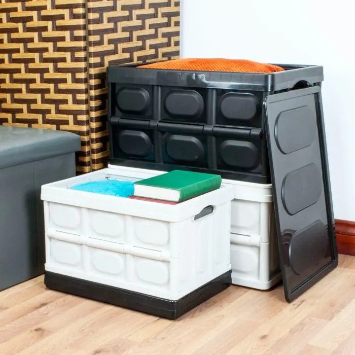30L Black Storage Box with Lid Folding Stackable 30 Litre Lidded Plastic Organiser Cover 1