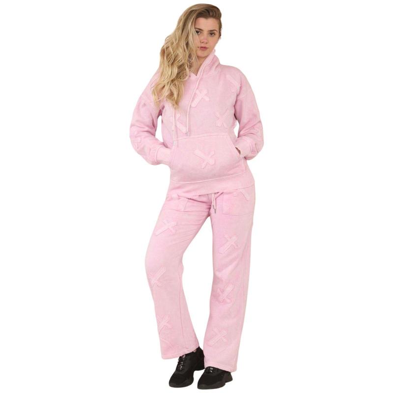 Womens Basic Cross Applique Tracksuit Oversized Drop Shoulder Hoodie Wide Leg Joggers 2