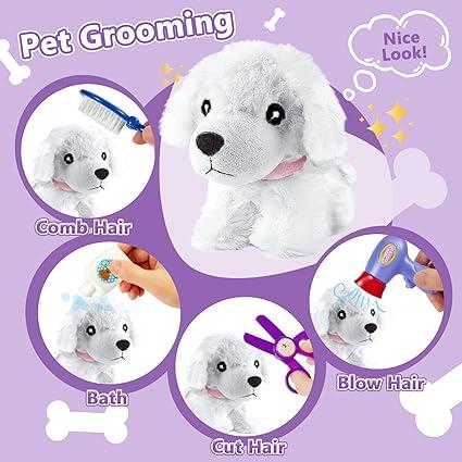 Kids Vet Kit Dog Grooming Toy Pet Care Role Play Games Animal Dolls Pretend Play Pet Carrier Set Toys 3 4 5 Year Old Girls Boys Children Gifts 2