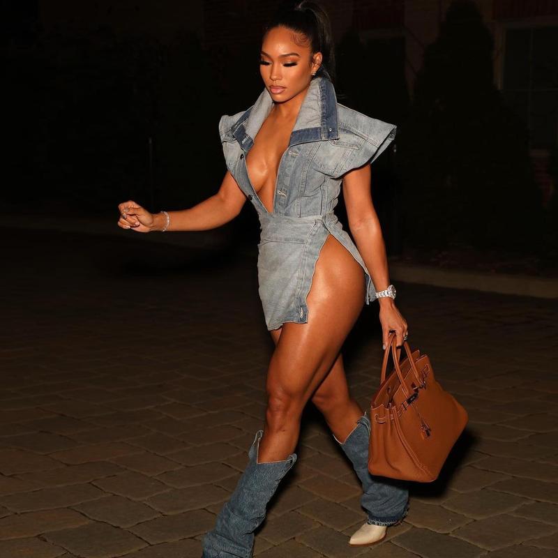 Casual street style sleeveless high slit denim skirt set 1