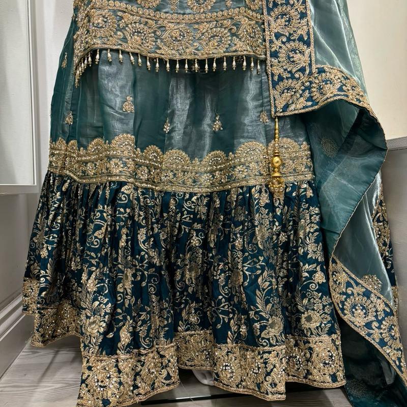 Teal colour Embroidered Farshi Lengha Suits for Women - Gul Wedding Collection (3 Pieces) - Traditional, 5