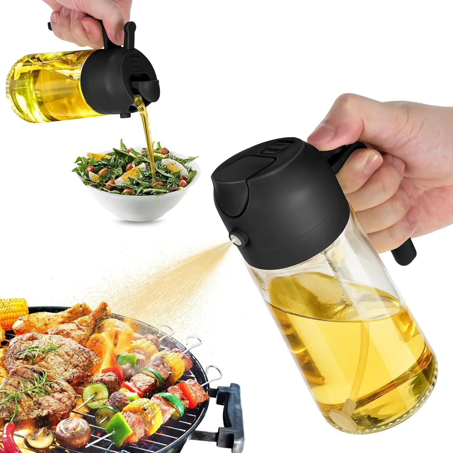 16oz Oil Dispenser Bottle for Kitchen - 2 in 1 Olive Oil Dispenser and Oil Sprayer - 470ml Black Utensil for Cooking, Salad, and Barbecue