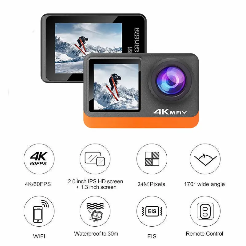 Action camera 4K 60FPS 24MP High Quality Video and Audio WIFI 30M Waterproof Card Lens Touchscreen Remote Control Bicycle Electronic 5