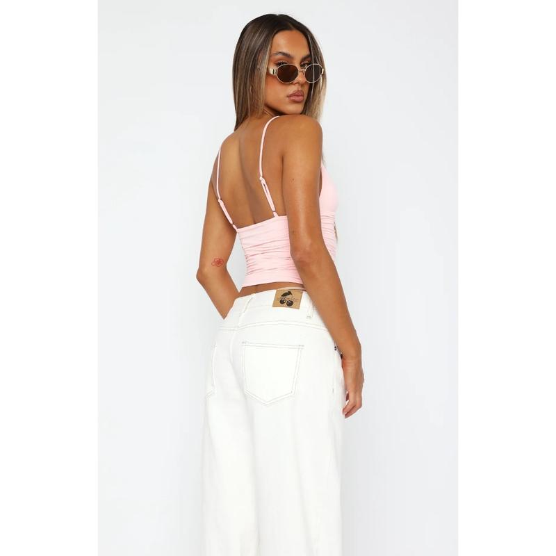 Product Introduction of Women's Solid Backless Ruched Crop Cami Top, Classy Going Out Tops, Casual Adjustable Spaghetti Strap Sleeveless Top for Summer, Women's Clothing for Beach Holiday, Tops for Women, Club L Sizing UK, Weekday Fitted Top 15