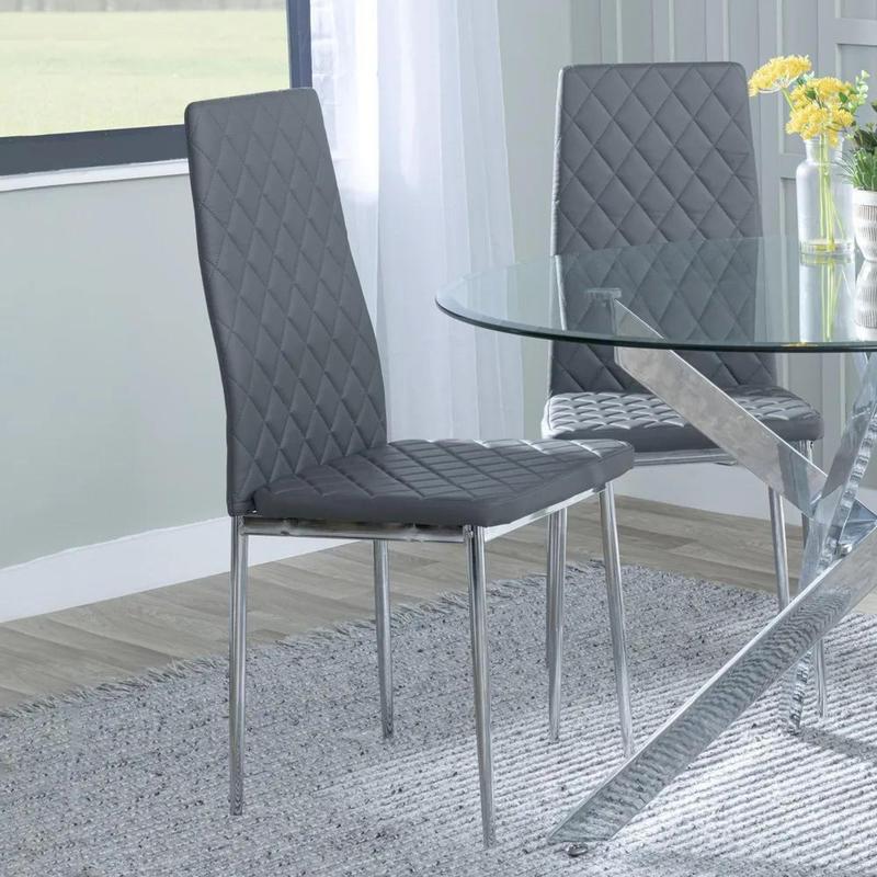 Chopstick Clear Glass and Chrome Metal 4 Seater Round Dining Set - 4 Metro Grey Leather Chairs with Chrome Legs 4