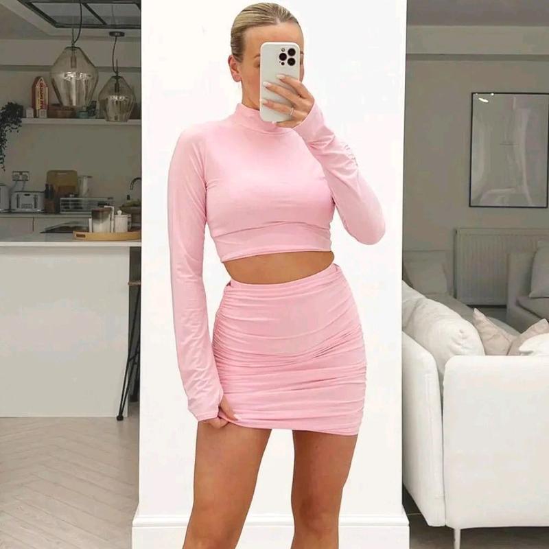 Long Sleeve Ruched Mini Skirt Co-Ord Set 4
