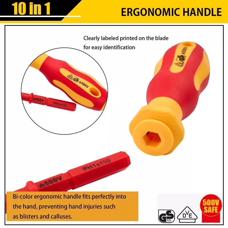 10 Piece VDE Insulated Electrician Interchangeable head Screwdriver Set & Pouch 7