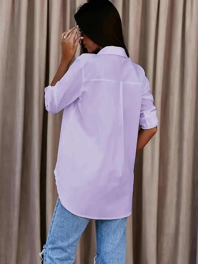 Product Introduction of Solid Button Front Shirt, Casual Turn Down Collar Office Work Shirt, Women's Clothing 19