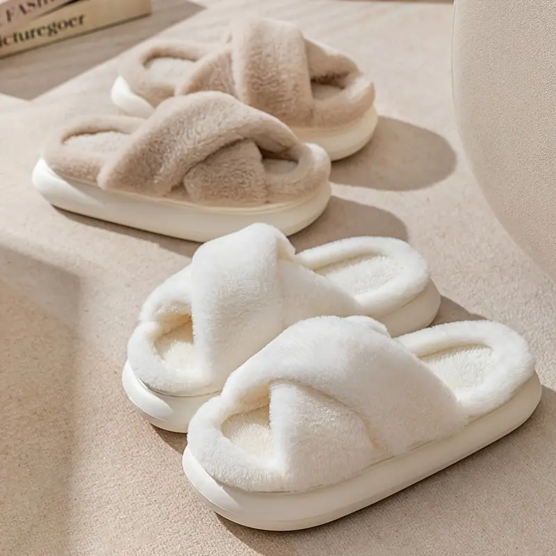 Fluffy Cross Band Platform Slippers, Solid Color Open Toe Soft Sole Fuzzy Shoes, Winter Cozy & Warm Home Slippers