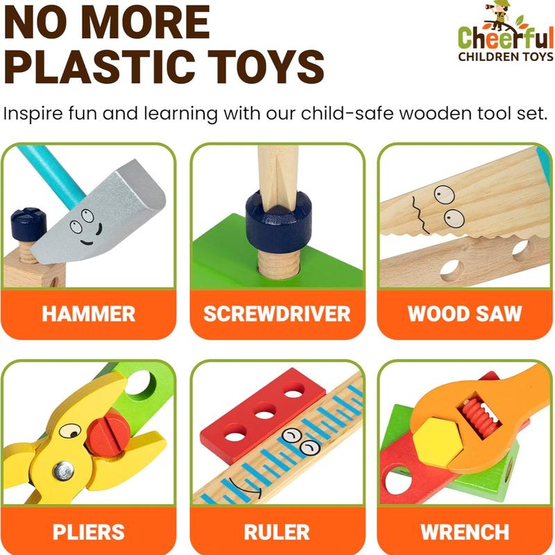 Cheerful Children Toys High-Grade Kids Tool Set - 36 Pcs Wooden Tool Set for Kids 3-7 - Include Portable Tool Box & Adjustable Apron - DIY Gift for Young Builders - Play Tools for Creativity & Fun 2