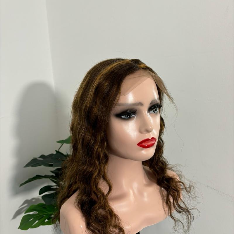 T closure body wave , human hair full machine wig, piano color 6