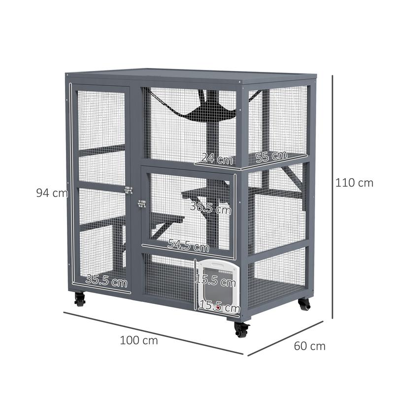 Product Introduction of Cat Cage House, Catio Cat Outdoor Enclosure on Wheels, Weather-Resistant Wooden Kitty Cage with Platforms, Hammock, 100L x 60W x 110Hcm - Light Grey 6