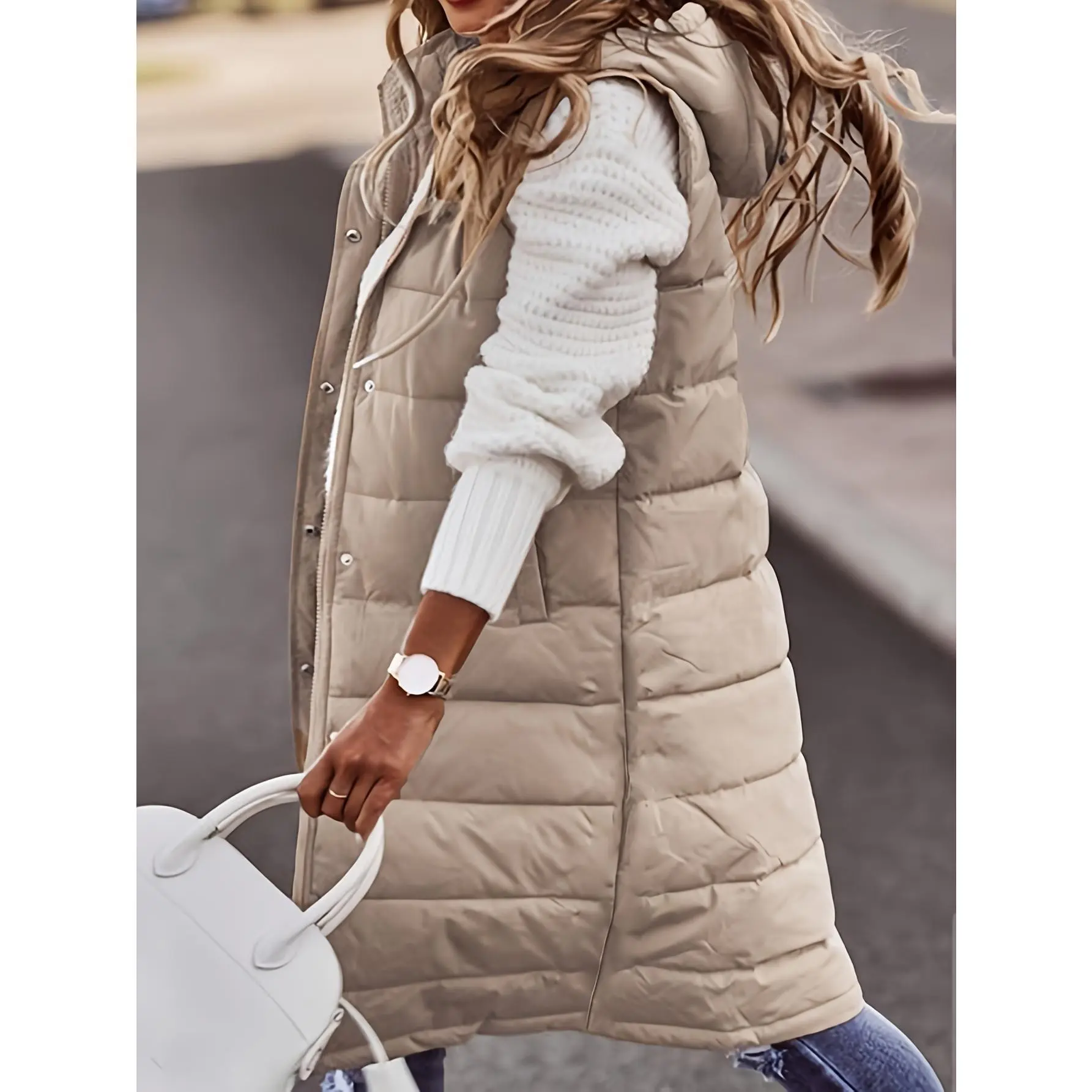 Button Front Hooded Coat, Casual Sleeveless Long Length Outerwear, Women's Clothing Womenswear Jackets Tops Vests