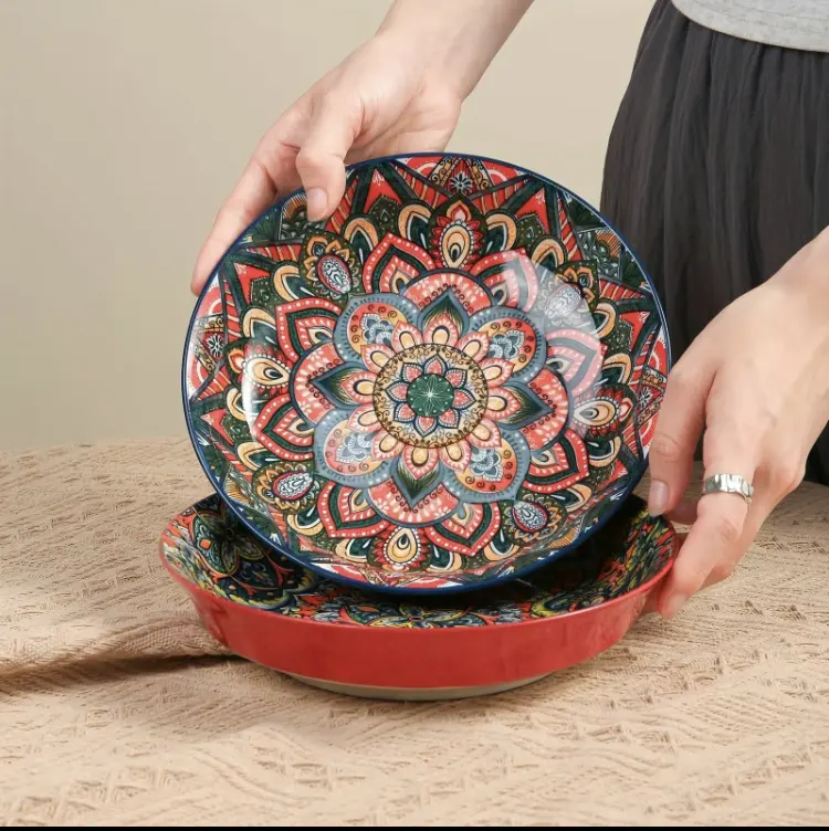 Bohemian Style Ceramic Dinner Plate Set, 4 Counts/set Creative Breakfast Bowl, Large Deep Plate for Home and Restaurant Use Stylish Aesthetic 5